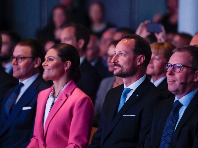 Crown Prince Haakon, Crown Princess Victoria and Prince Daniel listen during a seminar on Norwegian-Swedish business cooperation at Hotel At Six in Stockholm. Photo: Annika Byrde / NTB